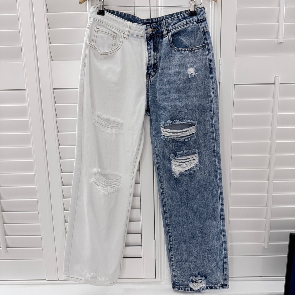 SHEIN Colorblock Distressed Jeans White Blue Denim Size 6 Medium